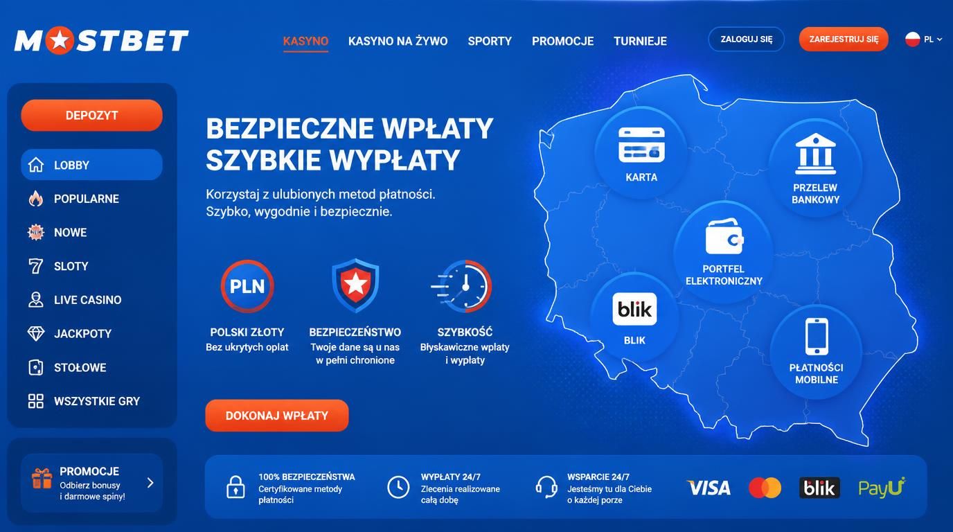 Mapa Polski z ikonami płatności bankowych i cyfrowych, tarcza bezpieczeństwa