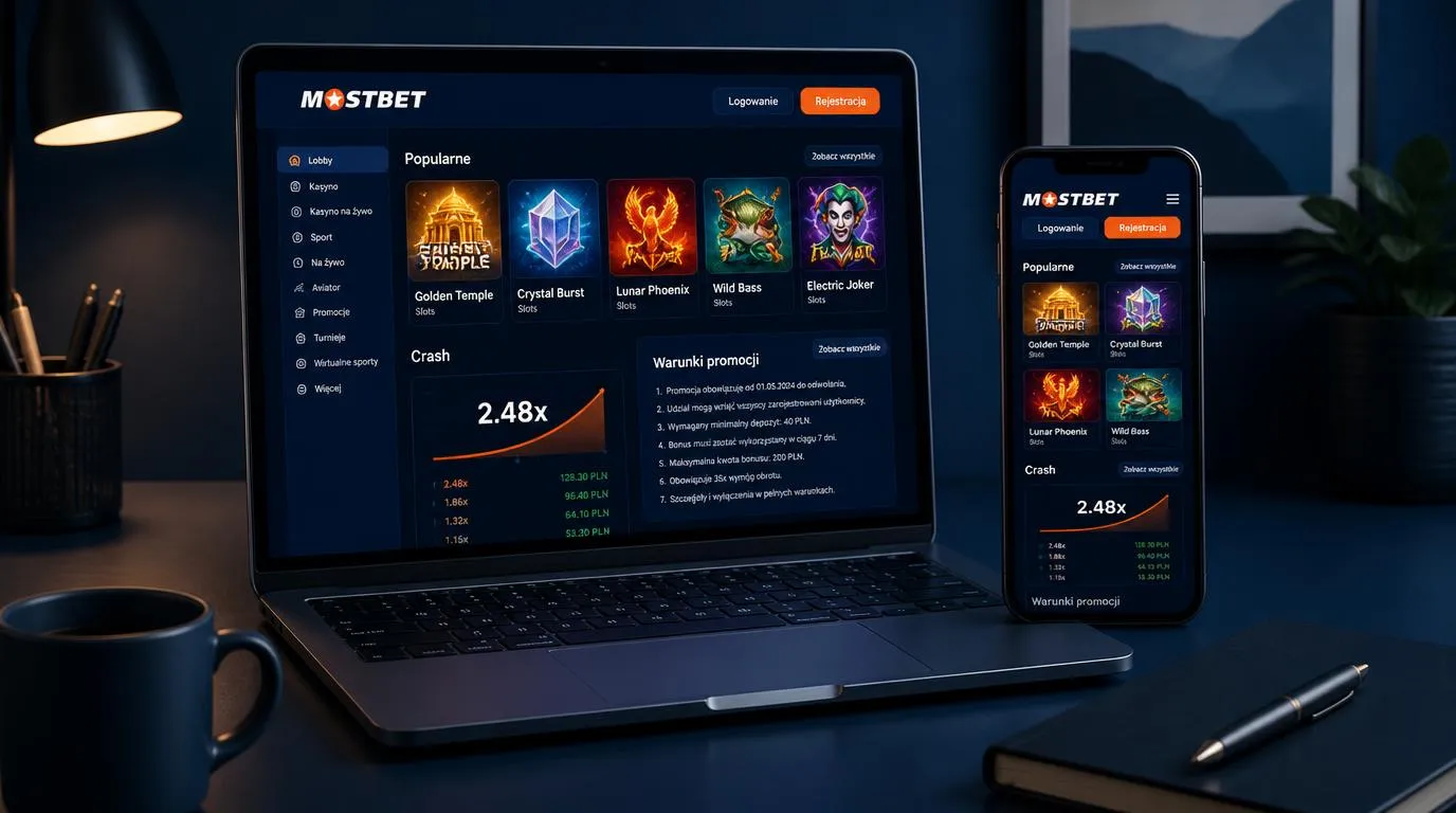 Laptop i smartfon z katalogiem gier kasynowych oraz czytelnym panelem warunków promocji