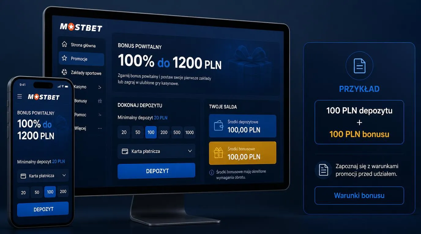 Panel bonusu powitalnego 100% do 1200 PLN z minimalnym depozytem 20 PLN i podglądem salda
